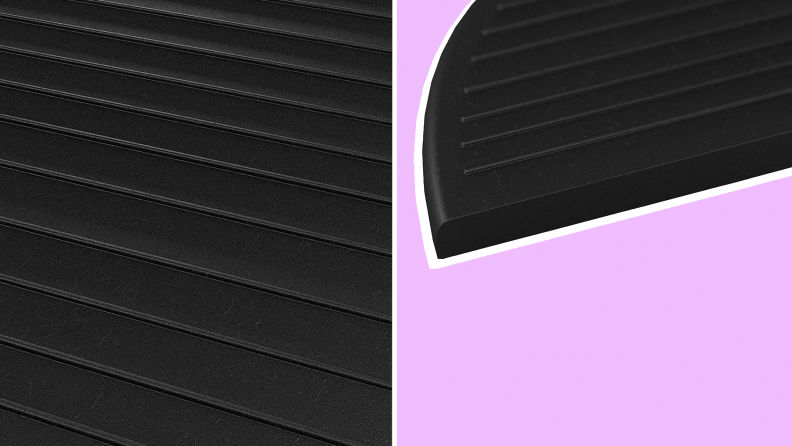 On left, close up shot of the rubber material used for the Rampit Empower Series Rubber Threshold Ramp. On left, product shot of the curved ramp on the Rampit Empower Series Rubber Threshold Ramp.