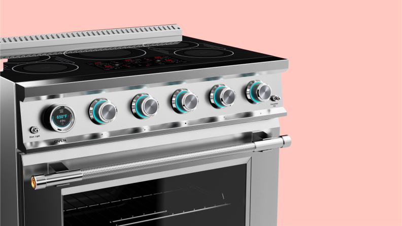 Angled view of the front of the Empava Arianna Innovation Series 36-inch Induction Range in silver on a pink background.