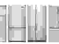 A line-up of four fridge types. From left to right, they are a top freezer, bottom freezer, side-by-side, and French door