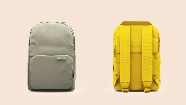 Left: Front of backpack with outside pocket; Right: Back of backpack with two straps