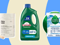 Dishwasher detergents on a muted yellow and blue background