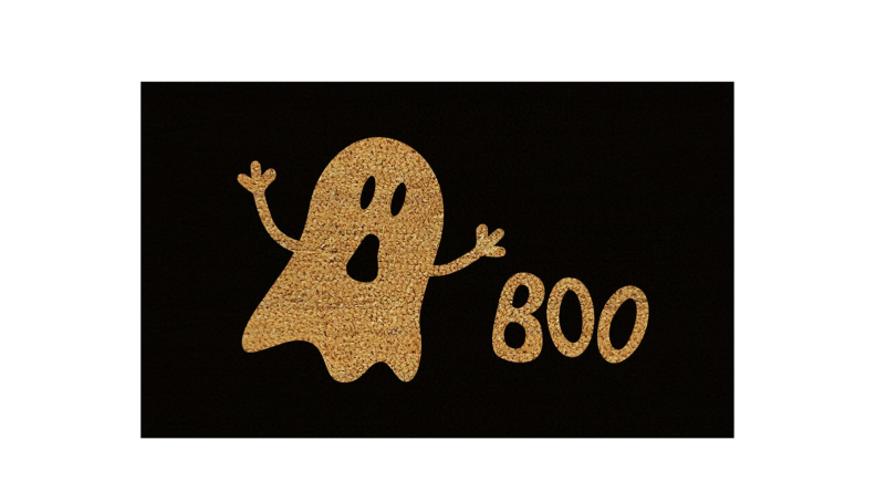 An image of a doormat featuring a ghost saying 'boo' on a black background.