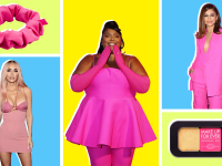 Superstars Megan Fox, Lizzo and Zendaya all dressed in the color hot pink alongside tri-color eyeshadow palette and hot pink scrunchie to represent the Barbiecore trend.