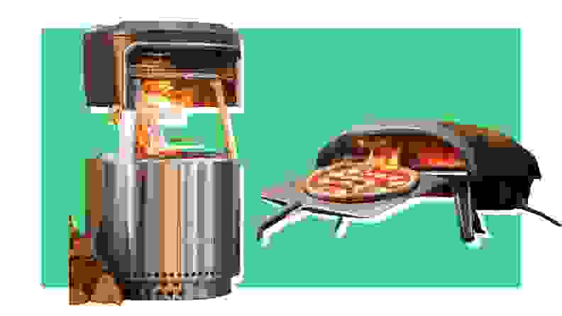 Two pizza ovens side-by-side on a green background.