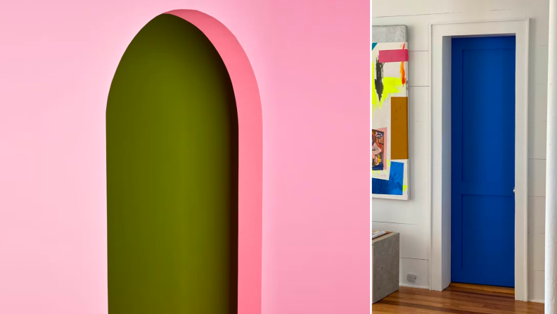 (left) A room with bright pink walls. (right) A white room with a bold blue door.