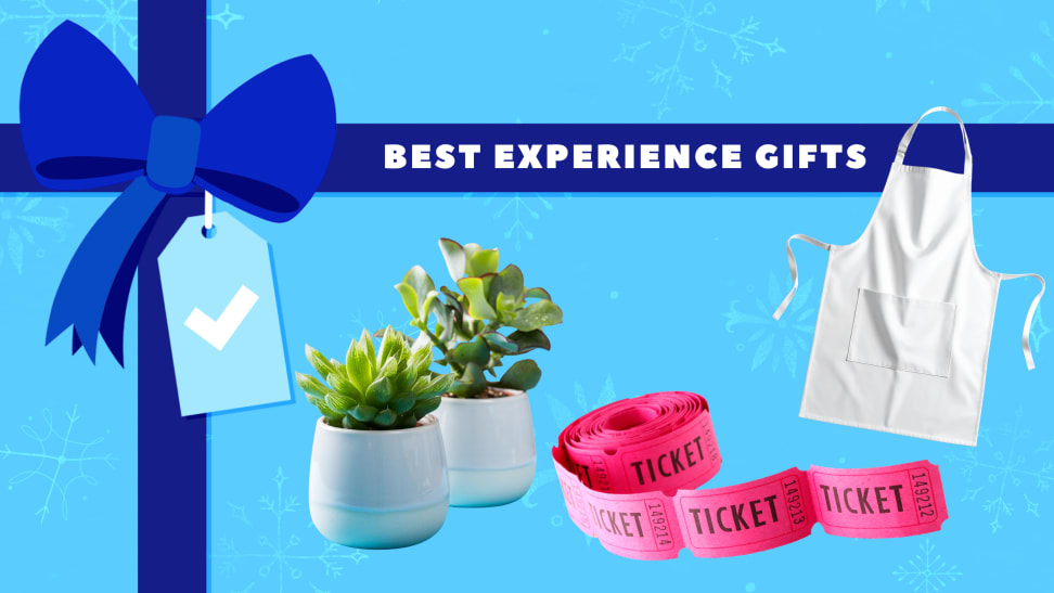 An apron, plants, and tickets on a blue gift package background