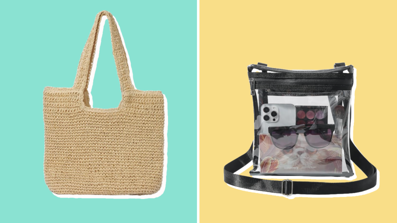 Collage of purses sold at Amazon against green and yellow backgrounds