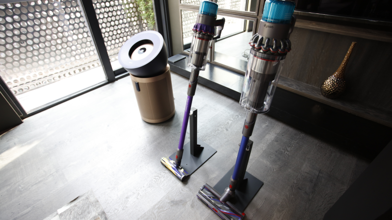 The new Dyson air purifier and vacuum cleaners sit on display.