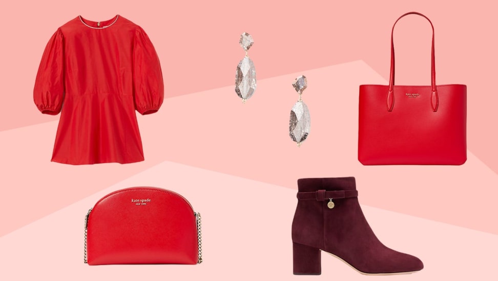 Red balloon sleeve top, red crossbody purse, silver earrings, burgundy chunky boot heel and red tote bag.