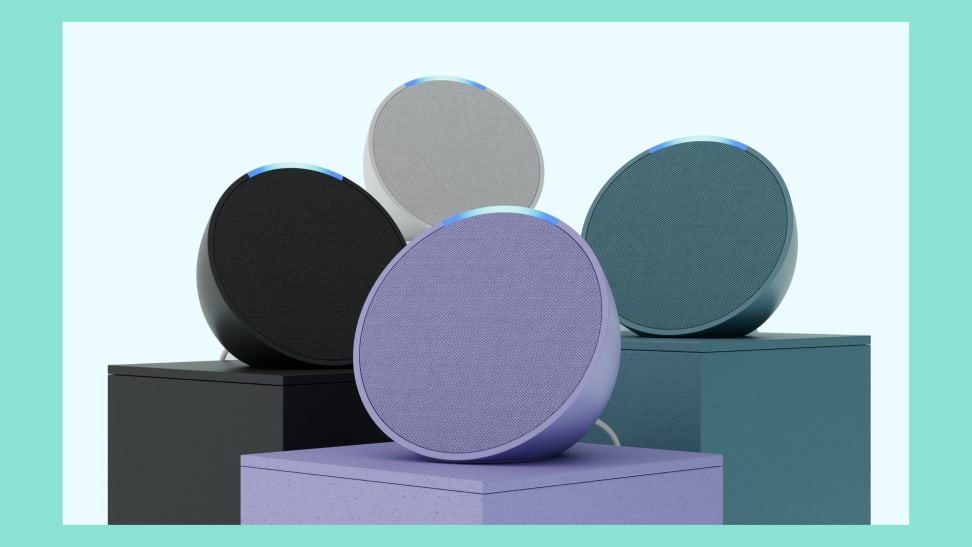 The Echo Pop smart speaker shown in four colors