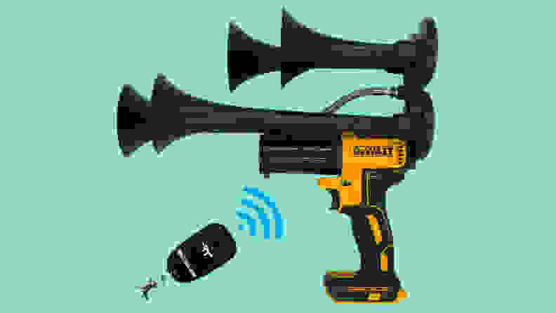 A close-up of the Dewalt Quad Train Horn against a seafoam green background. There's a small keyfob in the lower left corner with a Wi-Fi signal emanating from it, which indicates that the horn can be remote controlled.