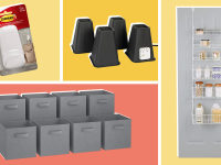 A collage featuring a door hanger, organizer, storage cubes and bed lifts.