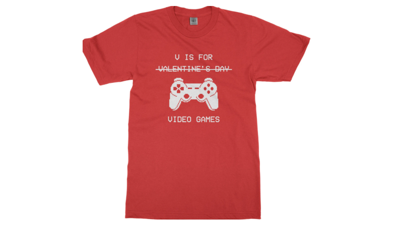 A red shit with a Dualshock style controller and the text "V is for Video Games"