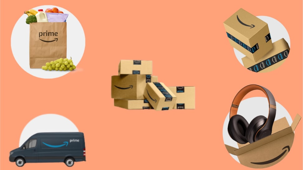 Various Amazon Prime images in front of a colored background.