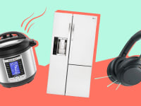 Instant Pot, refrigerator, and headphones on a green and red background