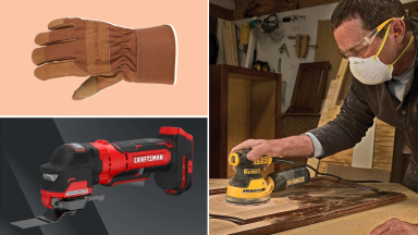 A collage with a Carhartt glove, a DeWalt orbital sander, and more.