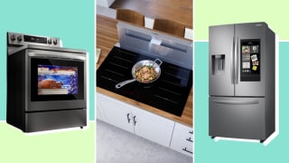 On left, LG stove with food cooking inside. In middle, skillet cooking on top of stove grates. On right, Samsung smart refrigerator.