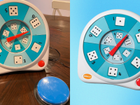 Children's blue dice spinner for board games.