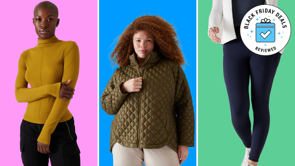 Three women in Athleta sportswear on a colorblocked background.