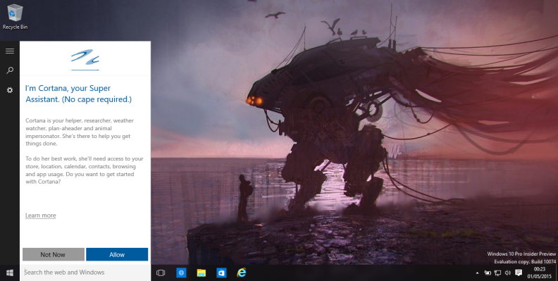 Cortana is baked into the OS and can transcribe text, perform tasks, and search your computer.