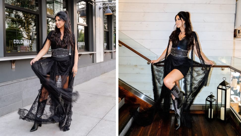 Two photos of Caleigh Hardy wearing a black lace outfit with coordinating black cowboy boots.