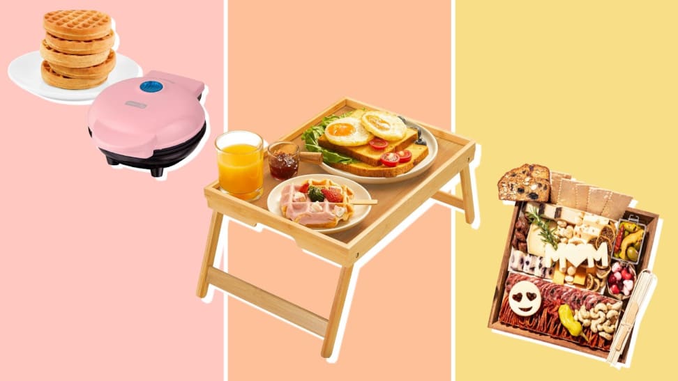 On left, mini Dash waffle maker. In middle, an elevated wooden food tray with food on top. On right, assorted charcuterie board.