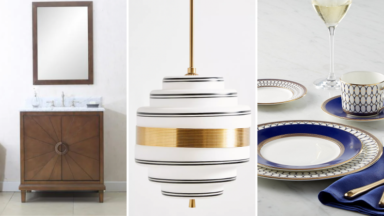 (left) An art deco-inspired wooden bathroom vanity. (center) a gold and white pendant light. (right) a blue, white, and gold dining set.