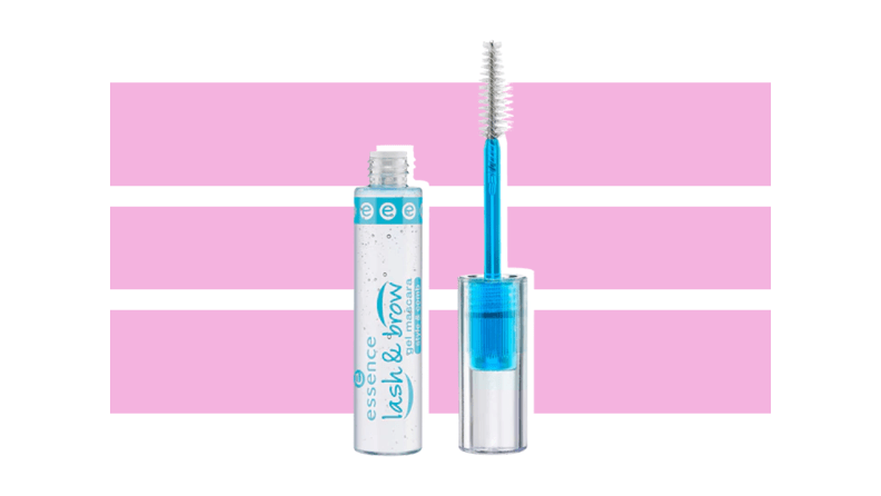 Essence Lash and Brow Gel Mascara against a pink and white background.