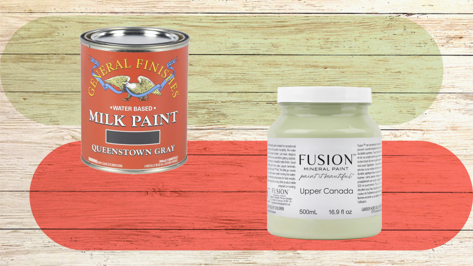 Two pint cans of our best furniture paints on a wood background with colored stripes