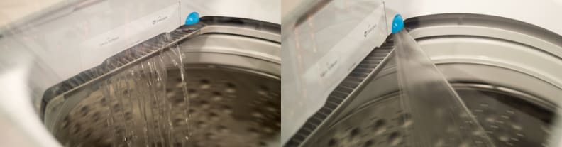 On the left is the way most top loaders now add water. The right shows how the Accela-Wash feature works–spraying water to decrease cycle times.