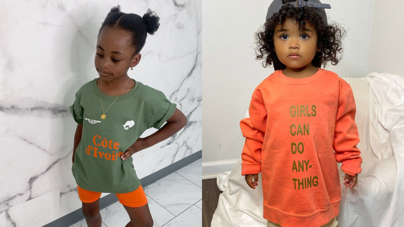 Two little girls wearing t-shirts, one green and one orange.