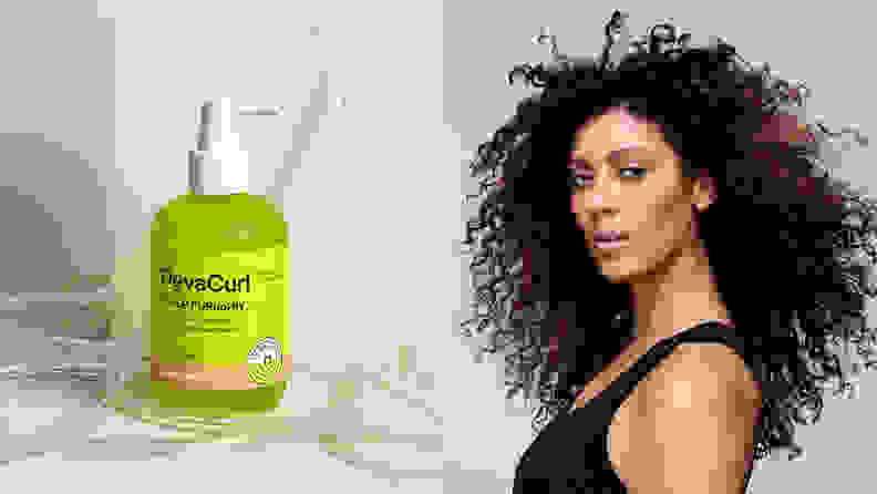 On the left: The green spray bottle from DevaCurl. On the right: A person with long, coily brown hair stares toward the camera.