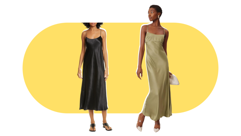 Slip dresses worn by models. There is a black dress and also a green version.