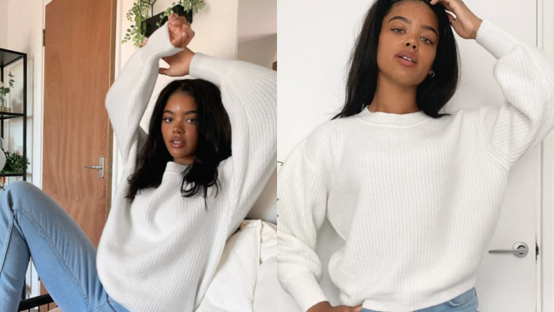Two images of a woman in the same white sweater. In one she is seated with her head over her hands, in the other she stands with one hand in her hair.