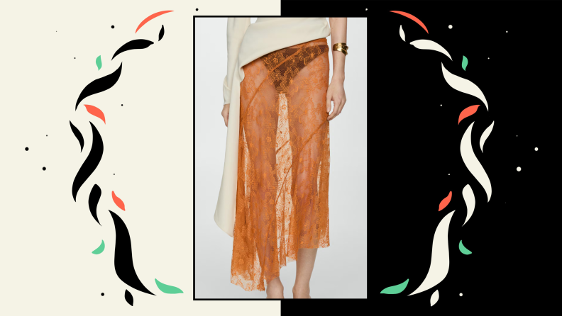 An asymmetrical orange lace maxi skirt.