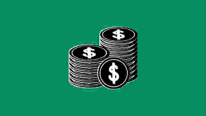An illustrated stack of coins on a green background