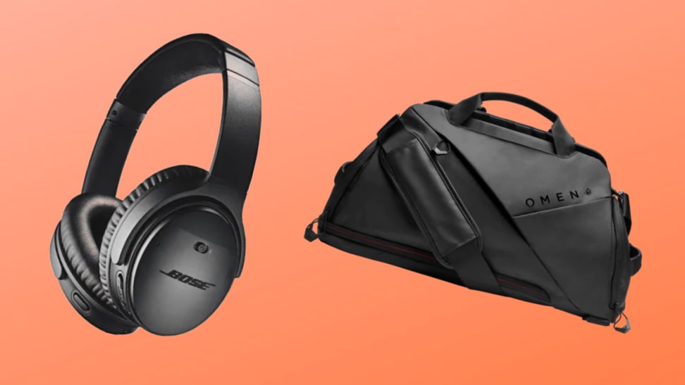 Bose headphones and Omen duffel bag on an orange background