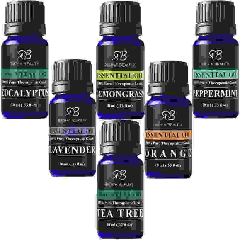 Set of six different essential oils.