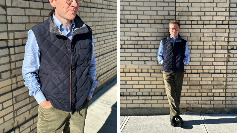 Close-up of the author wearing a quilted blue vest with a blue oxford shirt, and a further back shot of him wearing the same outfit.