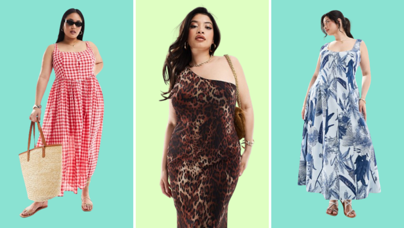 Collage of three plus-size options: A black and beige matching set, a pink chiffon top with matching camisole, and a wine-colored dress with long sleeves and off-the-shoulder design.