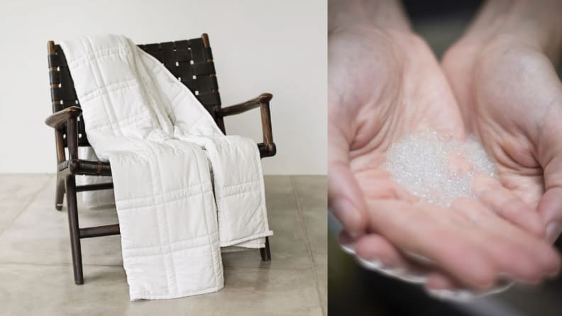 Left: Weighted blanket draped on arm chair; Right: Cupped hands holding glass beads