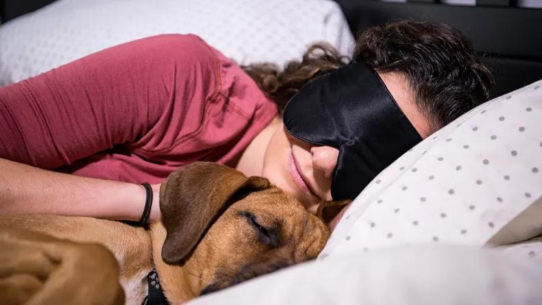 A person wearing a silk mask cuddled up with their dog in bed.