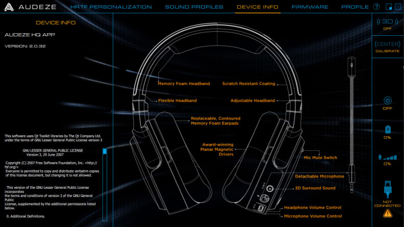 A diagram from the Audeze HQ app identifies the various parts of a gaming headset: foam headband, mute switch, detachable microphone, volume controls, and so on.