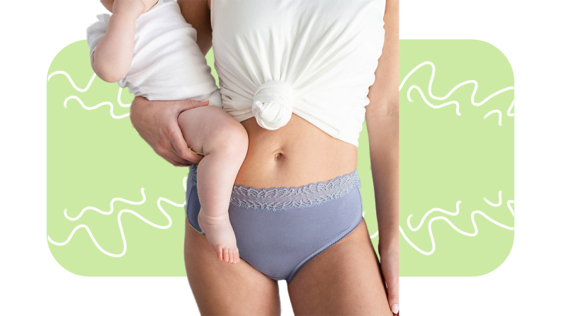 Model holds small infant on hip while wearing blue brief underwear and white tank top that has a knot tied in the middle.