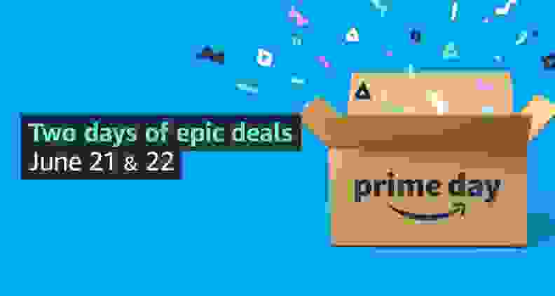 A promo image for Amazon Prime Day featuring an open box with shapes exploding out the top.