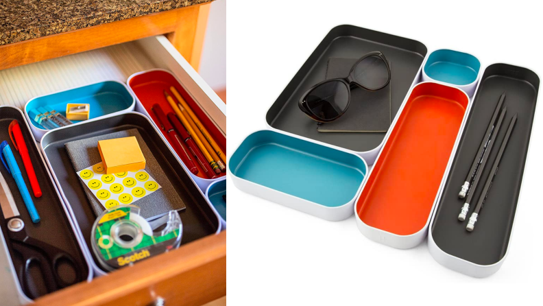 Two images of drawer storage bins.