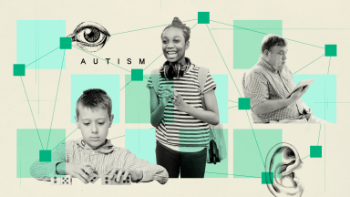 An illustration that says the word autism alongside related imagery: A girl with headphones around her neck, an ear, a boy playing with domonoes