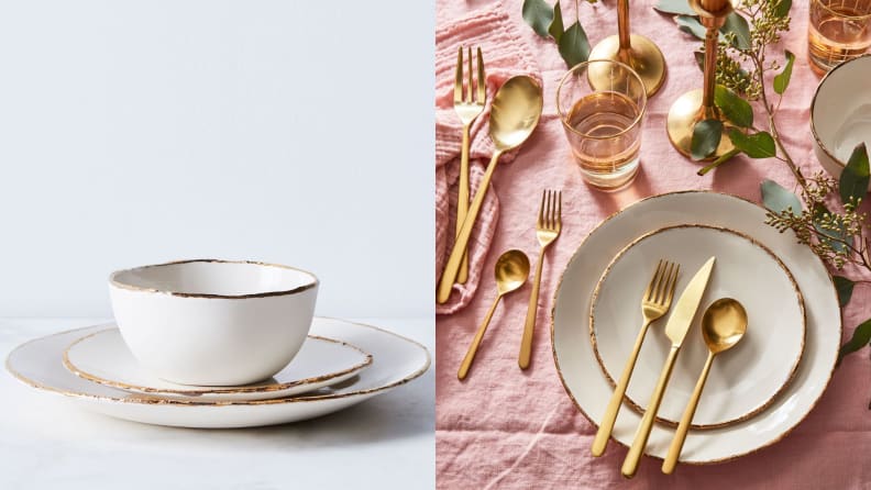 On left, a set of three stacked and matching dishes. On right, a table setting with gold-rimmed dishes