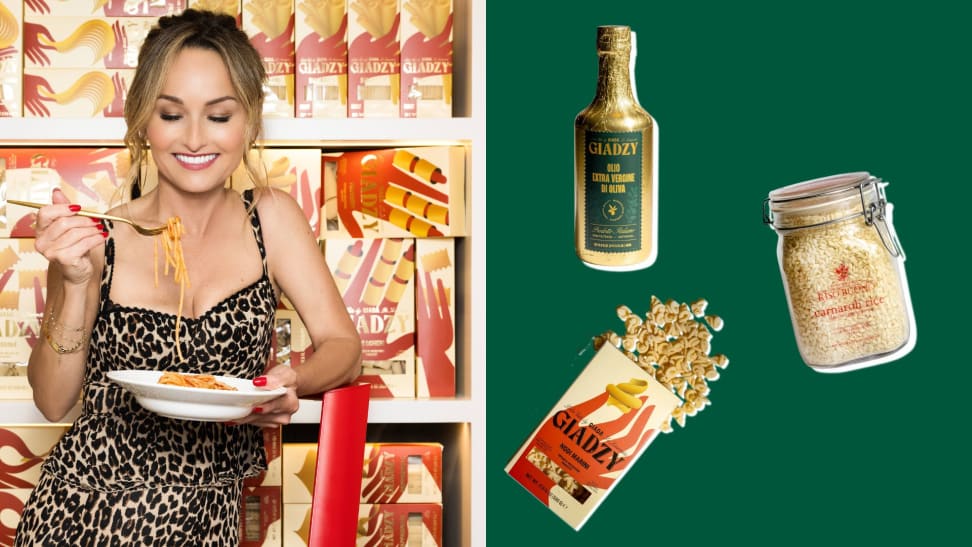 Left: Giada De Laurentiis eating a plate of spaghetti. Right: Giadzy olive oil, rice, and pasta on green background