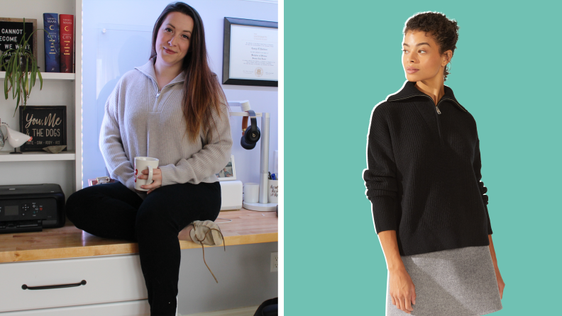 A photograph of the author wearing the Sophia Cashmere sweater and cashmere jogger pants, next to a photo of a model wearing the same sweater.